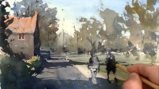 Watercolour Demonstration  How to Paint a Country Scene with House Trees and People 1 [upl. by Igig549]