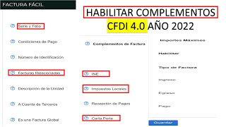 HABILITAR COMPLEMENTOS EN FACTURA 40  FACTURAS RELACIONADAS CFDI 40 [upl. by Rodablas]