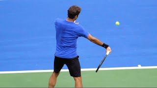 Roger Federer Forehand Slow Motion Court Level View  ATP Modern Tennis Forehand Technique [upl. by Affra]