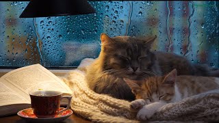 Cat purring sound with light rain outside the window Comforting sounds for relaxation [upl. by Einohtna]