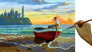 Acrylic Landscape Painting in Timelapse  Fisherman on Red Boat  JmLisondra [upl. by Annawd]