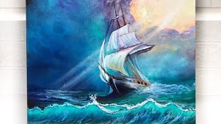 HOW TO PAINT A STORMY SEASCAPE AND SHIP  ACRYLIC PAINTING TUTORIAL [upl. by Matusow]