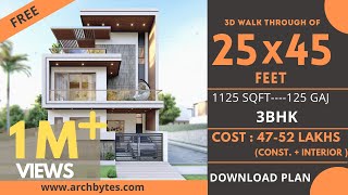 25x45 House Design 3D  1125 Sqft  125 Gaj  3 BHK  Modern Design  Terrace Garden  8x14 Meters [upl. by Raleigh]