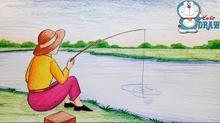 How to draw scenery of fishing step by step [upl. by Sihonn]