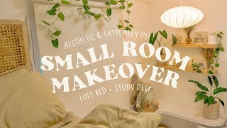 aesthetic and extremely  small room makeover 🍃 • a 4sqm bedroom with loft bed  desk decor [upl. by Schuler]