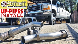 2001 F350 73  RiffRaff UpPipes Install  Stock up pipes leaking and falling apart JUNK SP [upl. by Anoet987]