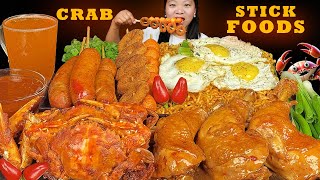 Stick Food Mukbang  Eating Super Spicy Noodles  Chicken Adobo  Fried Crab  Fish Ball  Sausages [upl. by Aem]