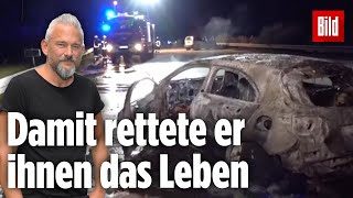 Ersthelfer befreit zwei Menschen aus brennendem Auto  Heftiger Crash auf der A9 [upl. by Kelton]