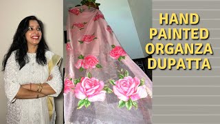 How to handpaint on organza dupatta  How to paint on fabric  Organza dupatta rose painting [upl. by Leventhal]