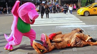 Barney VS TRex Epic Fight Prank In NYC [upl. by Ellehcyar583]