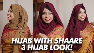 How To Style Hijab With Saree  3 Different Party Hijab Style  Khudalagse [upl. by Yecaj]