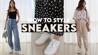 HOW TO STYLE SNEAKERS  10 Ways To Style White Sneakers [upl. by Ynnaffit765]