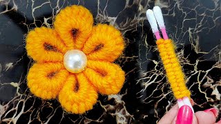 Easy Woolen Flower Making With Cotton Bud  Woolen Flower With Cotton Bud  Wool Flower [upl. by Ahsikahs]